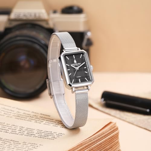 Image of London Fog Victoria Collection Analog Quartz Watch for Women with Textured Dial, Rectangular Metal Case, Mineral Glass, Mesh Strap & Water Resistant - LFW20006