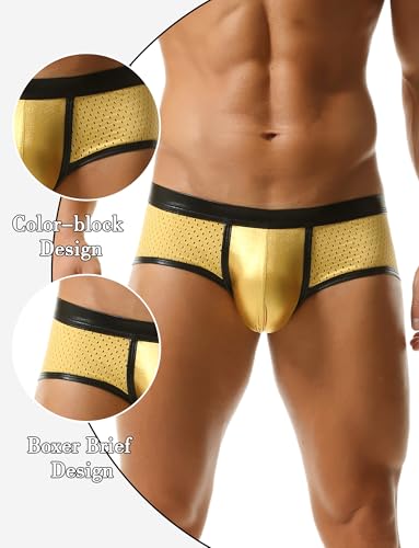 FEOYA Men's Metallic Shiny Boxer Briefs Sexy Mesh Pouch Bulge Low Rise Short Leg Trunks Hot Pants Underwear3