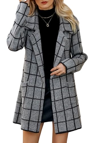 chouyatou Womens Business Casual Plaid Sweater Cardigan Open Front Notched Lapel Knit Blazer Jacket Coat