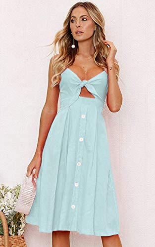 Image of ECOWISH Women 2026 Summer Dresses Tie Front V-Neck Spaghetti Strap Button Down A-Line Backless Swing Midi Dress