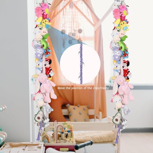 Image of 2PCS Stuffed Animals Storage Chain Organizers 80 inch Cotton Hanging Storage Chain with 2x 10 Led Light 40 Metal Clips Stuffed Animal Display Holder Chain for Nursery Play Room (Purple)