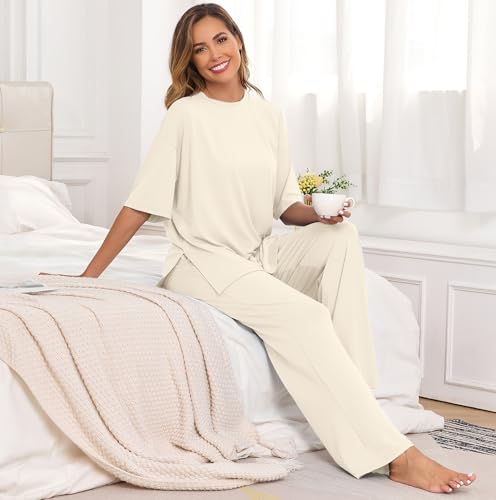 Image of PrinStory Womens Pajamas Sets 2 Piece Lounge Set Short Sleeve Tops and Long Pants Soft Pjs Loungewear with Pockets