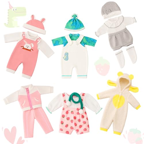 Image of Reborn Baby Doll Clothes Set for 18 Inch Colorful Babydolls Clothes Outfits Realistic Cute Strawberry Fruit Pattern Dress Accessories with Headband Bulk for Girl(Cartoon Print Set)