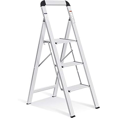 KINGRACK Aluminium 3 Step Ladder, Lightweight Step Stool with Non-Slip Pedals, Handrail, 330 LBS Foldable Step Ladder for Kitchen, Garage, Home, Space Saving, Sturdy and Portable, Silver Cover