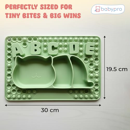Image of BabyPro Pop-It Silicone Plate & Bowl, Suction Base, Sage Green, Food Grade | Baby Feeding Plate, BPA-Free, 3 Sections, Microwave & Dishwasher Safe
