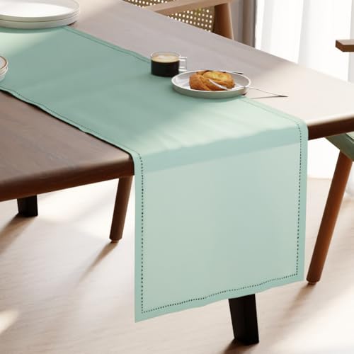 Image of Encasa XO Cotton Table Runner for 8 Seater, Hemstitched Mint Green