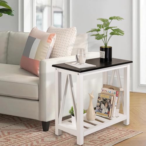 FEUFOAM Farmhouse Beistelltisch Holzrahmen Schmaler Beistelltisch mit Ablagen Schwarz Weiß Rechteckig Nachttisch Sofatisch für Couch, Kleine Räume, Wohnzimmer, Schlafzimmer – Bild 6