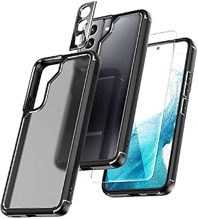 TOCOL 5 in 1 for Samsung Galaxy S22 Case 6.1 Inch, with 2 Pack Screen Protector + 2 Pack Camera Lens Protector, Translucent Matte Back [Military Grade Protection] Shockproof Slim for S22 Case, Black