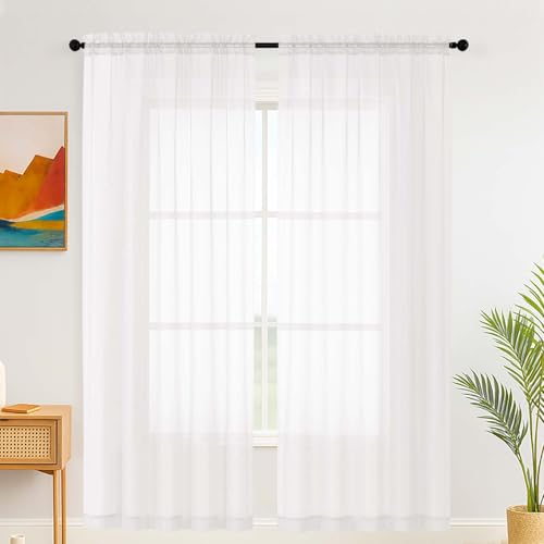 Simplebrand White Sheer Curtains for Living Room 220 cm Length Panels Set - Light Filtering Rod Pocket Window Home Voile Curtains & Drapes for Bedroom Elegant Drapes (White 150cm W x 220cm L)