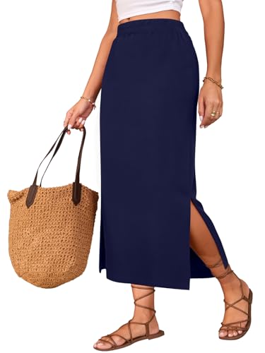 Image of Poetsky Maxi Skirt for Women Summer Side Slit Pencil Skirts Elastic High Waisted Long Skirt
