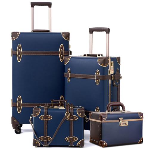urecity Vintage Luggage Sets of 4 Piece - Hardside Lightweight Spinner Suitcases - Retro Travel Set includes Under Seat Train Case, Cosmetic Train Case, Navy