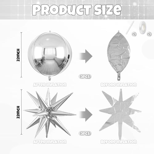 Image of 6pcs 22 inch Silver Star Balloons and Silver 4D Large Foil Balloons, Foil Star Balloon 4D l Aluminum Balloon For Birthday Baby Shower Party Wedding Graduation Anniversary New Year Bridal Shower Decor