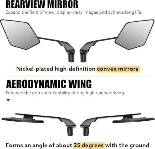 Image of OTOROYS Universal Motorcycle Rearview Mirrors, 180 Foldable & Rotatable Side Mirrors with Stealth Wind Wing Design | Fits 10mm & 8mm Mounts | Compatible with Most Bikes & Scooters