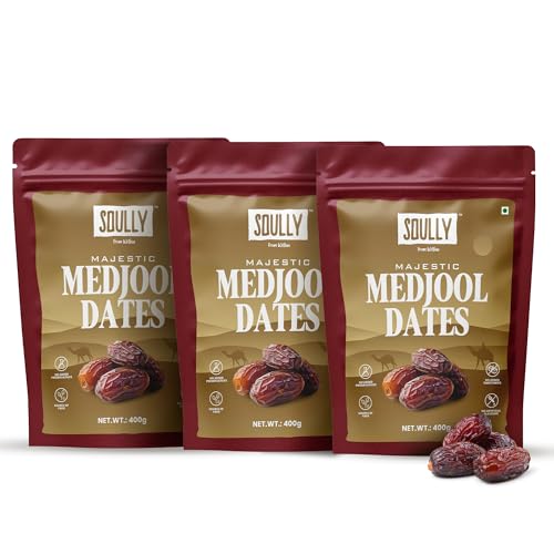 Image of Soully Medjool Dates 400g (Pack of 3) | Premium Soft & Juicy Medjoul Khajoor | High in Fibre | No Added Sweeteners or Preservatives | Healthy Snacks Khajur | Healthy Dates for Snacking | Dry Fruits