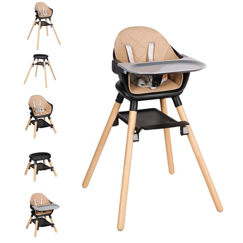 Image of Komcot High Chair, 6 in 1 Wooden Convertible High Chairs for Babies and Toddlers, Booster Seat with Double Tray & Reversible Footrest Baby Highchair, 5-Point Harness Baby Feeding Chair, Black