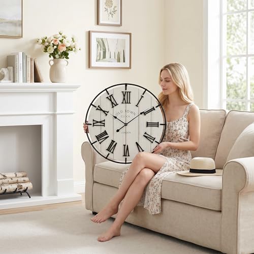 Image of EMAX HOMELarge 24 Inch Farmhouse Style Wall Clock, Distressed Wood Look, Non-Ticking Quartz Movement, Classic Black Roman Numerals and Metal Frame, for Living Room Wall, Bedroom