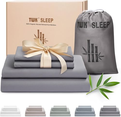 TWK Luxury Sheet Set, Genuine 100% Organic Viscose Derived from Bamboo, Cooling & Breathable, Silky Soft, Bedding Sheets & Pillowcases(Gray, Queen(60 * 80 * 15))