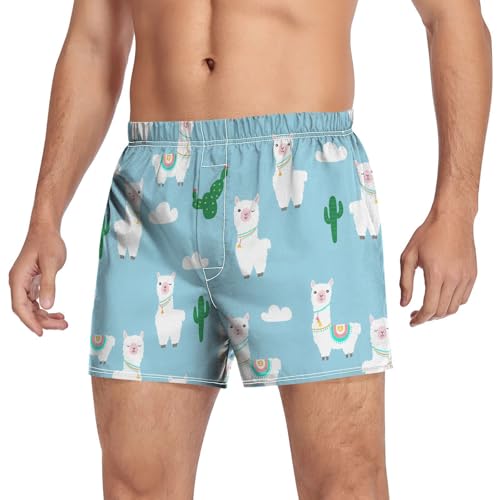 Llama Cactus Cloud Blue Men's Cotton Boxer Shorts Pajama Bottoms Sleep Shorts Underwear with Button Fly3