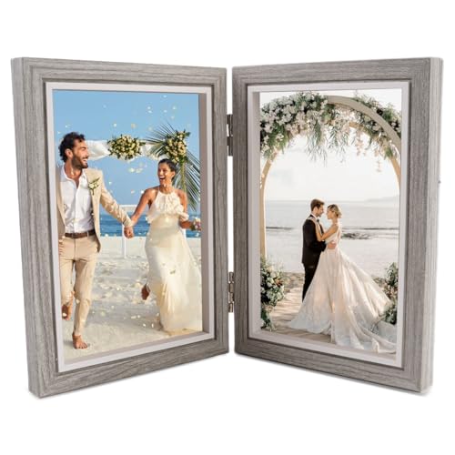 Cadre Photo Double 10cm x 15cm Cadre en Bois Collage Pliable, Cadres Photo Doubles Pliables 2 Photos 6 Pouces, Collage Pliable Multiple Photos pour Maison,...