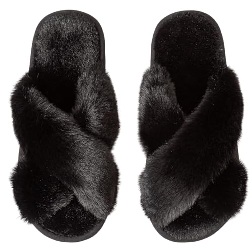 Image of Enteer Women's Slipper Memory Foam Cross Band Fuzzy Slippers Open Toe Cozy House Slippers Cozy Plush Bedroom Indoor Outdoor