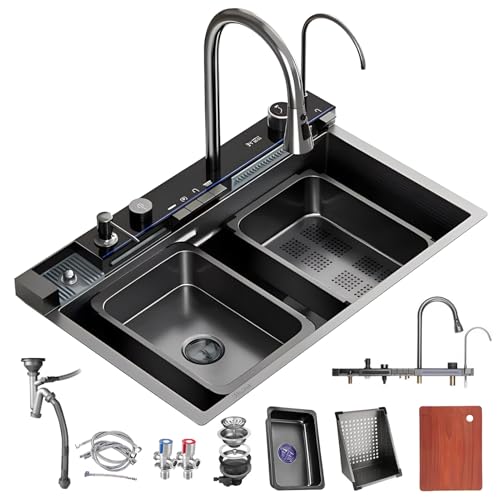 HJYBFA Conjunto doméstico Nano Waterfall, Lavavajillas Individual en Negro y Gris con Grifo extraíble y lavavasos presurizado (Negro, 80 cm/31,4' Premium)