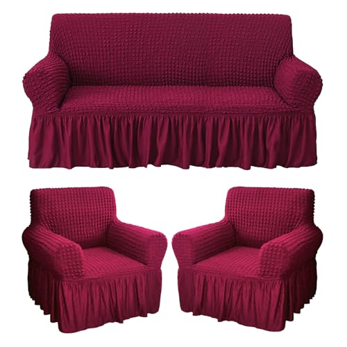 Image of Bails Sofa Cover 5 Seater Fully Covered | Sofa Cover l Shape 7 Seater Fully Covered | Sofa Cover 5 Seater Set | Elastic Bubble Fabric with Frill Sofa Protector Cover (Maroon, 5 Seater (3+1+1))