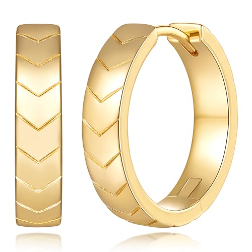 Gold Hoop Earrings 14K Gold Earrings for Women Hoop Earring for Women Hoops Simple yet Distinctive Carved Texture Hoops Earring for Womens 20mm - Main Image