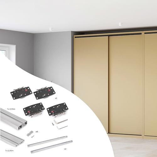 Emuca - Kit de herrajes para armario 2 puertas correderas y cierre suave Flow2 con carriles de superficie 2.35m, tableros no incluidos, Anodizado mate
