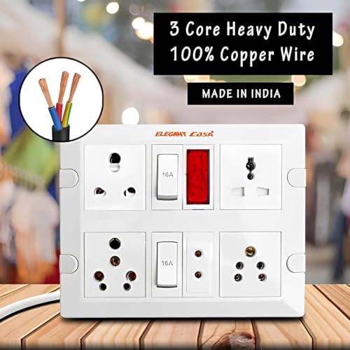Image of ELEGANT CASA 6+16 Amp Electric Extension Board 4 Indian and Universal Sockets with Switches, Indicator Light for Small and Large Appliances with PTC Connector