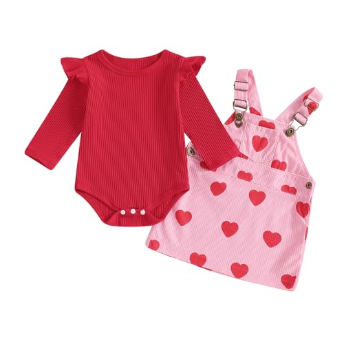 Karuedoo Newborn Baby Girl Valentines Outfit Ruffle Long Sleeve Romper Corduroy Suspender Skirt Overall Dress Set(Red,18-24 Months)