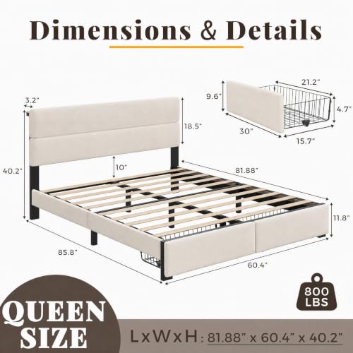 Image of Queen Bed Frame with 2 Storage Drawers, Light Beige Velvet Upholstered | Platform Bed with Charging Station, LED Headboard Lighting, Metal Support, Noise Free, No Box Spring Needed, Easy Assembly
