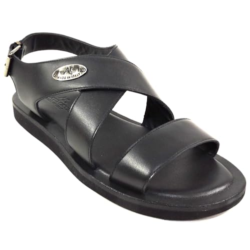 Men's Black Leather Comfort Sandals, Italian Crafted Summer Flat Footwear, Size 42.53