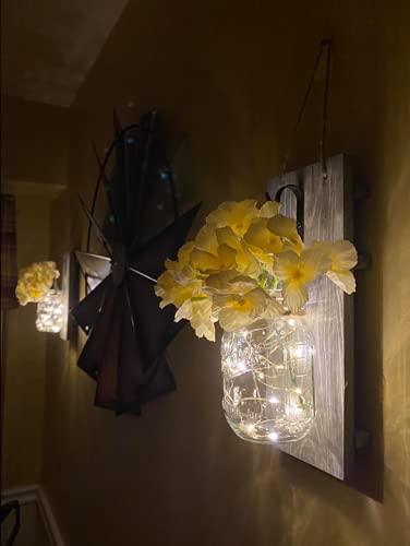 Emuardoe Mason Jar Wall Decor Rustic Wall Sconces Decorative 2 Packs Led Fairy Lights And Flowers Farmhouse Home Decor 6 Hours (Three Meters, Khaki Planks) #TOP6