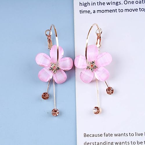 Boho Acrylic Flower Hoop Earrings with Pink Crystal Flowers and Cz Tassel Dangle Earrings - Colorful Resin Jewelry for Women and Girls4