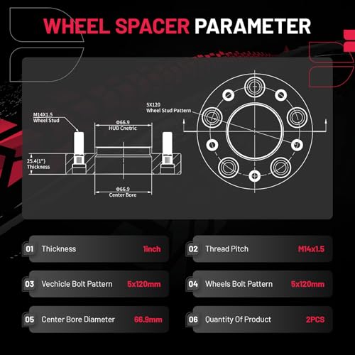 Image of BDFHYK 5x4.75 Wheel Spacers Thickness 1 Inch Compatible with Chevy 2010-2022 Camaro Impala Corvette CTS Regal, 5x120mm Forged 5 Lug M14x1.5 & 66.9mm Hub Bore, Hubcentric Wheel Spacer Set of 2
