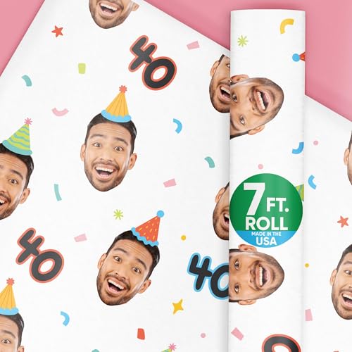 Big Dot of Happiness Custom Photo & Age Party Time Birthday Wrapping Paper Roll, Colorful Party Decor, Personalized Fun Face Gift Wrap for Kids & Adults, 24 in x 7 feet, 1 Roll