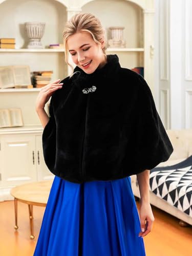 Ursumy Wedding Faux Fur Wrap Bridals Shawl Fur Stole Fur Scarf with Rhinestones Brooch for Bridal2