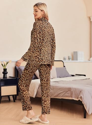 Image of Ekouaer Pajamas Women's Long Sleeve Sleepwear Soft Button Down Loungewear Pjs Lounge Set Nightwear,Leopard,X-Small