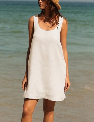 Image of Lumister Womens Lightweight Cotton Linen Dress Sleeveless Crew Neck Back Bow Summer Mini Dresses with Pocket Beige