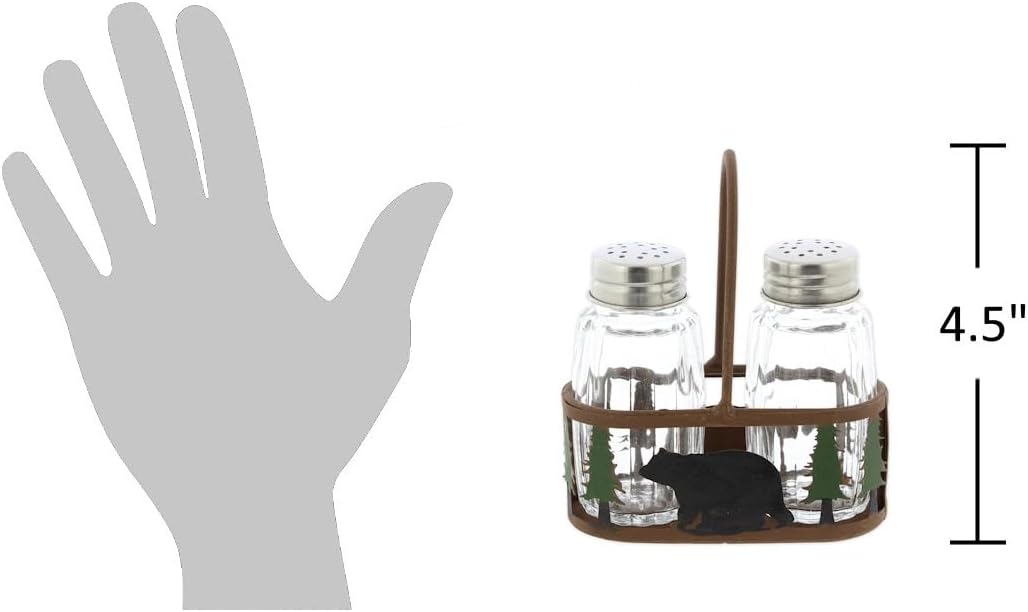 Distinctive Designs Black Bear and Pines Salt and Pepper Shaker Holder Set - 3 Piece Set - Bear Salt and Pepper Shakers - Rustic Lodge Kitchen Tabletop Cabin Decor