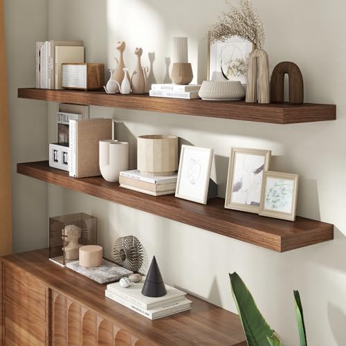 Image of 72 Inch Floating Shelves for Wall, 8 Inch Deep Floating Shelf for Storage & Display, Rustic Wall Mounted Shelf with Invisible Brackets for Living Room, Kitchen, Bathroom, Home Decor, Set of 2, Walnut