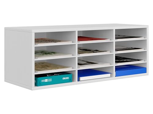 EasyPAG 12 Fächer Holz A4 Büro Schreibtisch Organizer Dokumentenhalter Aktenablage Zeitschriftenhalter Briefablage Papier Magazin Organisator,Weiß