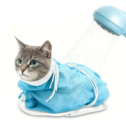 Image of Cat Bathing Bag, Catcan Breathable Cats Grooming Bag, Anti Scratch Adjustable Cat Shower Washing Bags with Mesh for Nail Trimming (White- Blue)