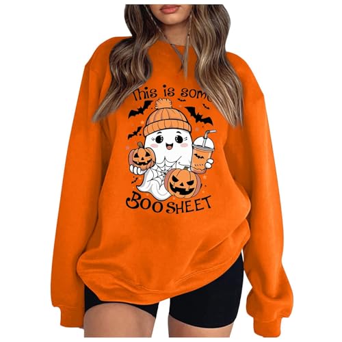 Sweatshirt femme avec motif graphique moderne col rond couleur orange en taille XL