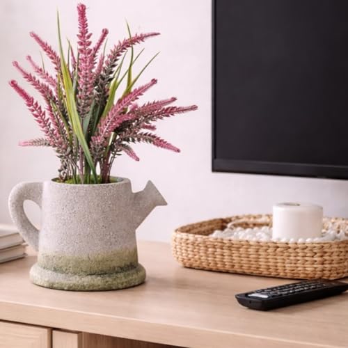 Image of Garden Art Artificial Heather Flower Spray in Shaded Watering Can Planter - Rustic Faux Floral Tabletop Centerpiece for Home, Office, Shelf & Desk Decor (P-0130Pink)
