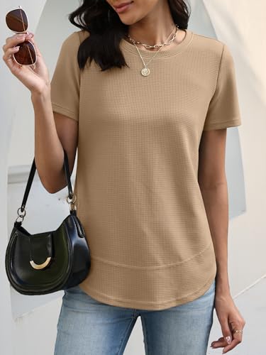 Image of ANRABESS Womens Waffle Knit Tops Short Sleeve Crewneck Shirts Curved Hem Summer Dressy Casual Blouses Spring Fashion Clothing