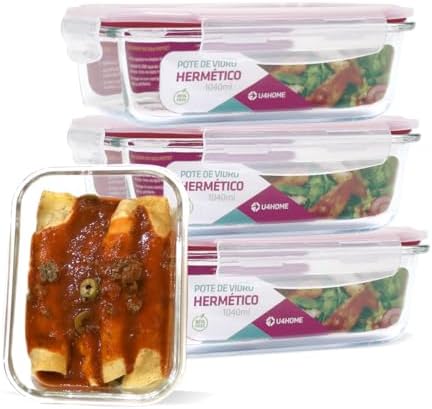 Conjunto 4 Potes Vidro Hermético Mantimento Marmita 1040ml (Verme...