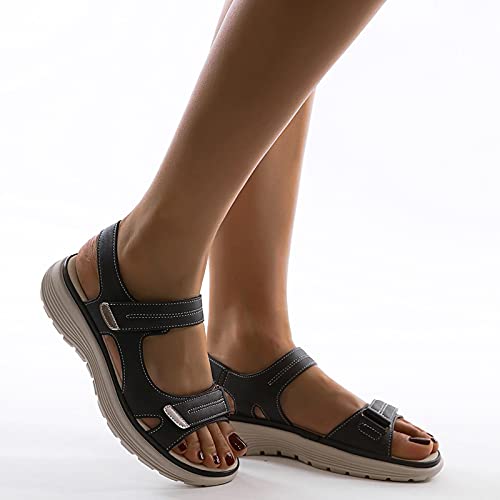 Women's Comfortable Walking Sandals with Arch Support Athletic Hiking Sandals Ladies Faux Leather Waterproof Water Sandals Beach Shoes,Black,US10/EU412