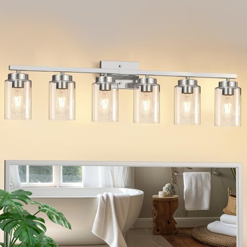 Image of IZORRO Bathroom Light Fixtures, Modern Vanity Lights, Bathroom Lighting Fixtures Over Mirror with Clear Glass Shade, Wall Sconce for Living Room Cabinet Bedroom (Brushed Nickel, 6-Light)