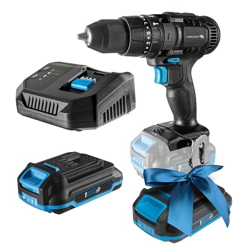 HÖGERT TECHNIK Set de taladro percutor a batería 18V, 50 Nm de par, batería 2,0 Ah, cargador 4A, engranaje metálico, iluminación LED, para hormigón, madera y metal + PROMO 2,0 Ah